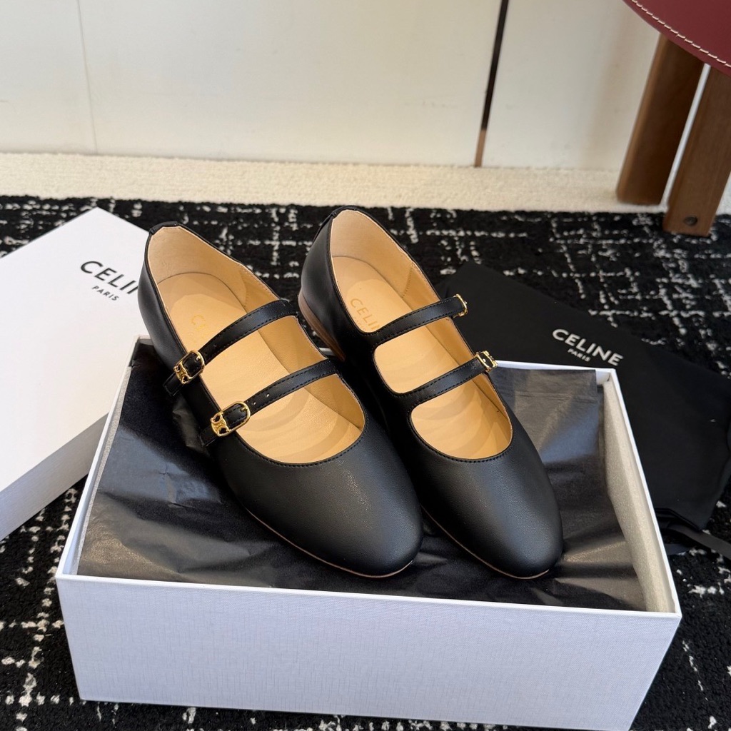 Women's Celine Mary Jane Double Strap Leather Flats In Black With Gold Hardware